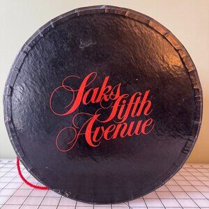 Vtg Saks Fifth Avenue Round Hat Box Black Red Logo Storage Case Travel Display